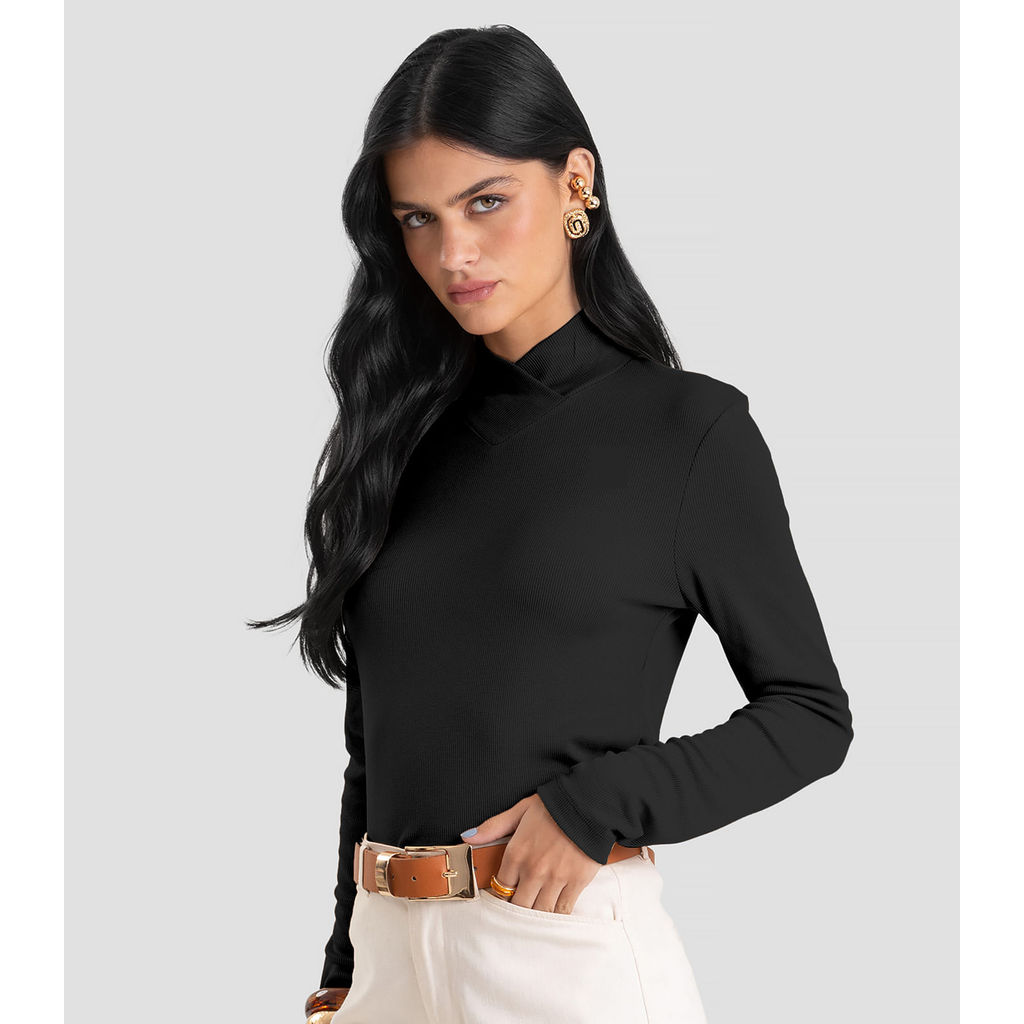 Blusa Feminina Gola Alta Cruzada Canelada Dianna Preto