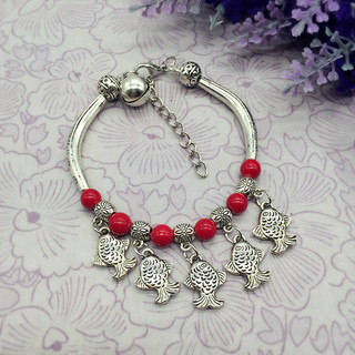 Yunnnan Miao estilo étnico jóias tibetano prata turquesa Coral pulseira feminina tibetano prata pequeno peixe pulseira
