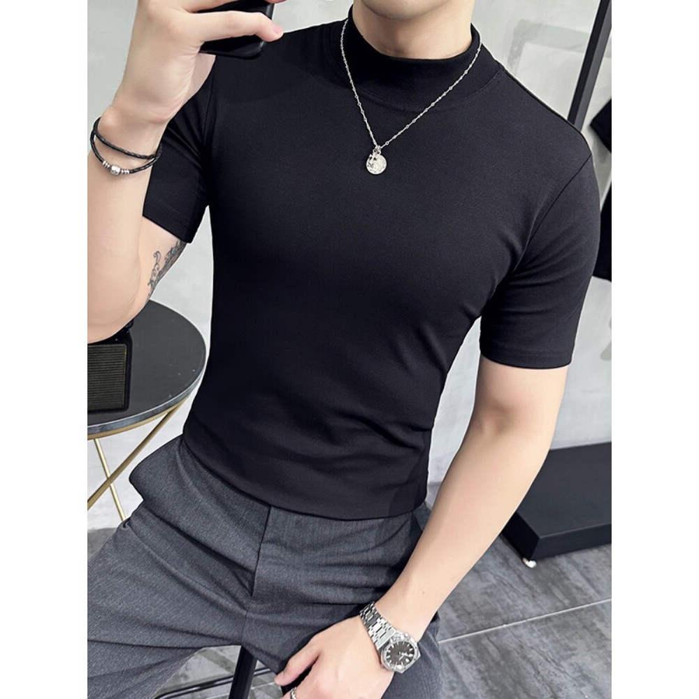 Meia gola alta de manga curta camiseta masculina outono High-End fino ajuste magro estiramento cor sólida