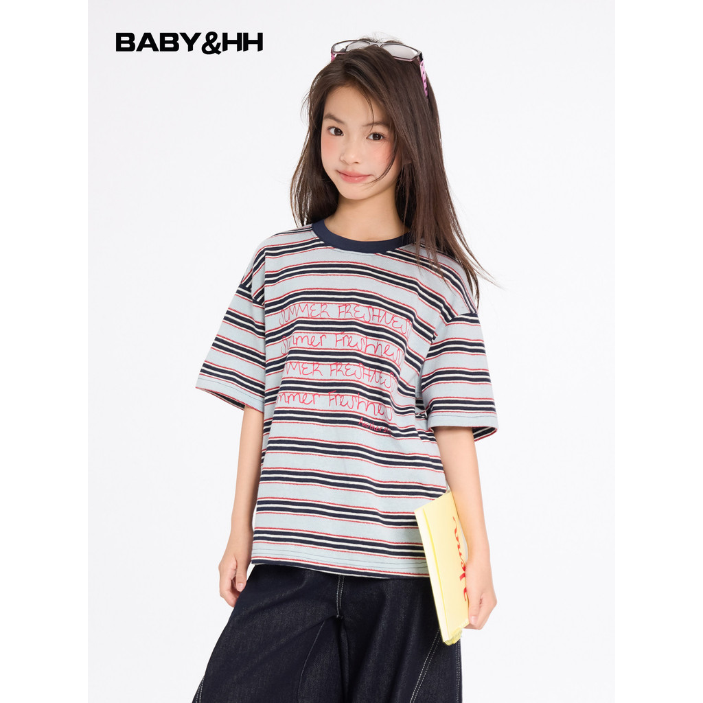 Meninas verão estilo coreano listrado contraste cor de manga curta camiseta 2026 novo estilo crianças meninas gelo solto