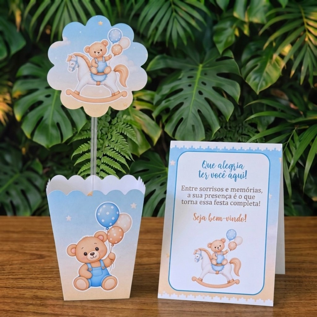 Centros de mesa + Plaquinhas BRINQUEDOS URSINHO AZUL lembrancinhas personalizadas aniversario decoração kit festa