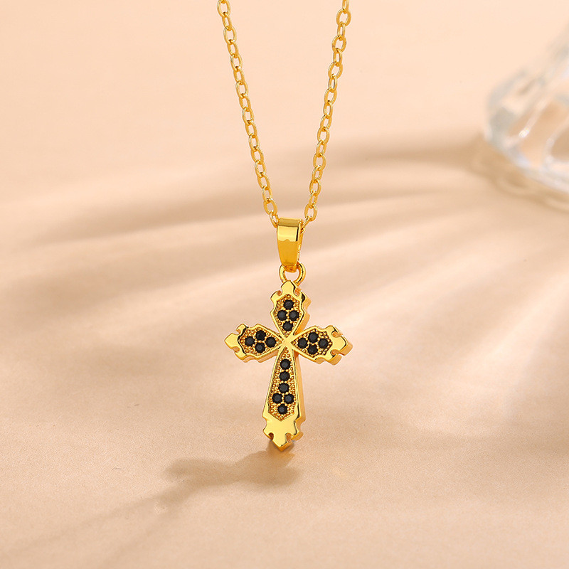 Colar feminino de aço inoxidável, com pingente de cruz de zircônia colorida, design exclusivo, acessório requintado para