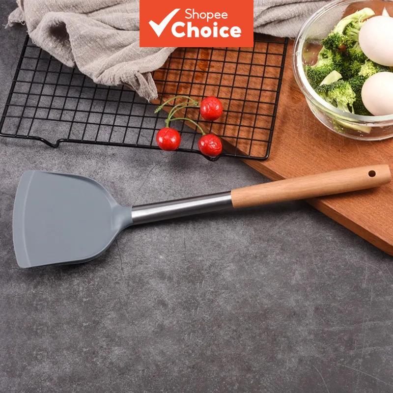 Espátula de silicone resistente a altas temperaturas para frigideira antiaderente, utensílio de cozinha com cabo longo