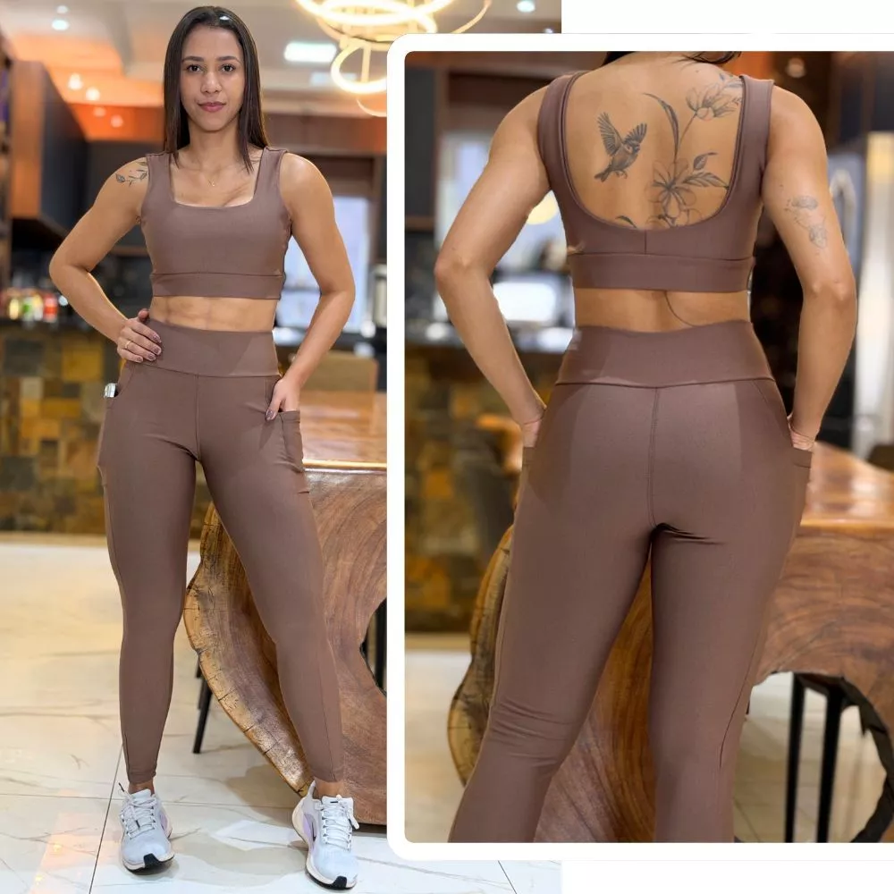 Conjunto de Academia Feminino Calça com Bolso Zero Transparência e Cintura Alta + Top com Forro Duplo — imagem 1
