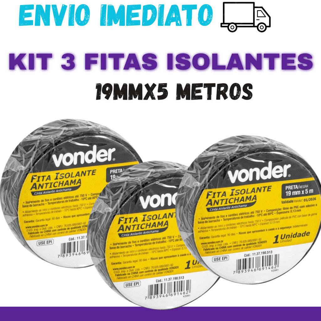 Kit 3 Unidades Fita Isolante 19mmx5mt Preta Antichama Vonder