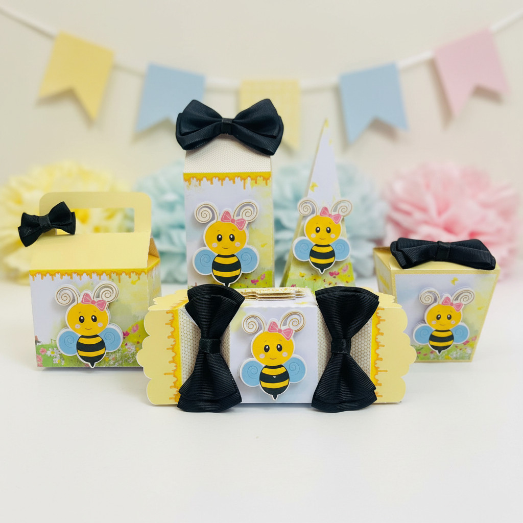 Kit Festa Abelhinha Personalizado com Laço | Caixinhas Milk Pirâmide Bala e Sushi | Lembrancinha Infantil