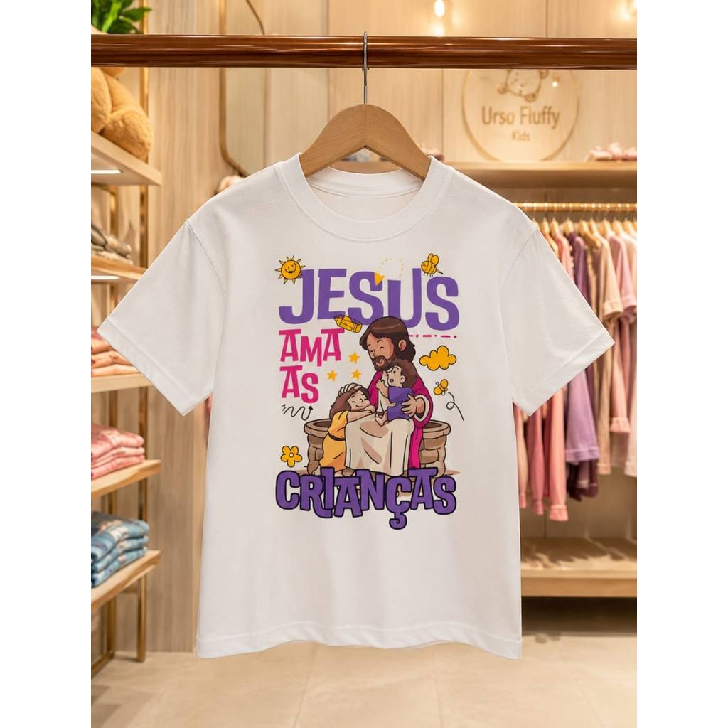 Camiseta Infantil menina Jesus Ama As Crianças Estampa Religiosa Camisa 100% Algodão