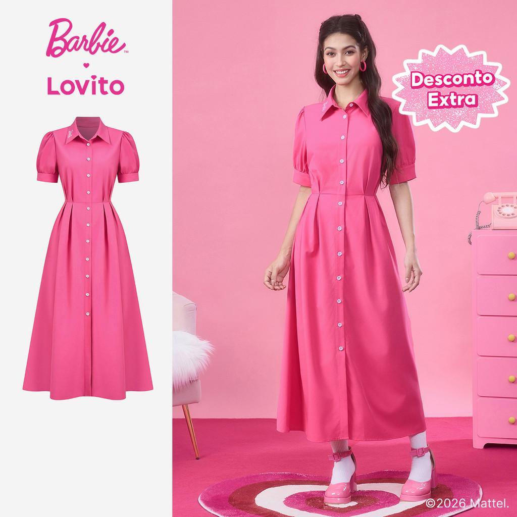 Barbie™ X Lovito Vestido Casual Elegante Formal Bordado Com Botões Rosa Primaver