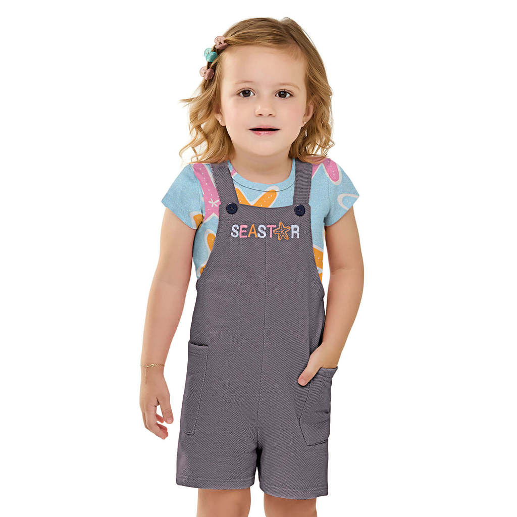 Conjunto Infantil Menina Jardineira e Blusa Estrelas Elian Cinza