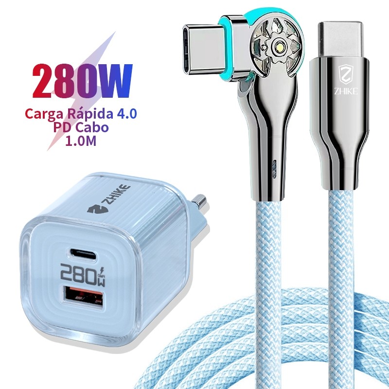 ZHIKE Original Kit Carregador 280W Cabo Celular Tablet Carregamento Rápido GaN PD USB C iP Giratório 180° Nylon Trançado