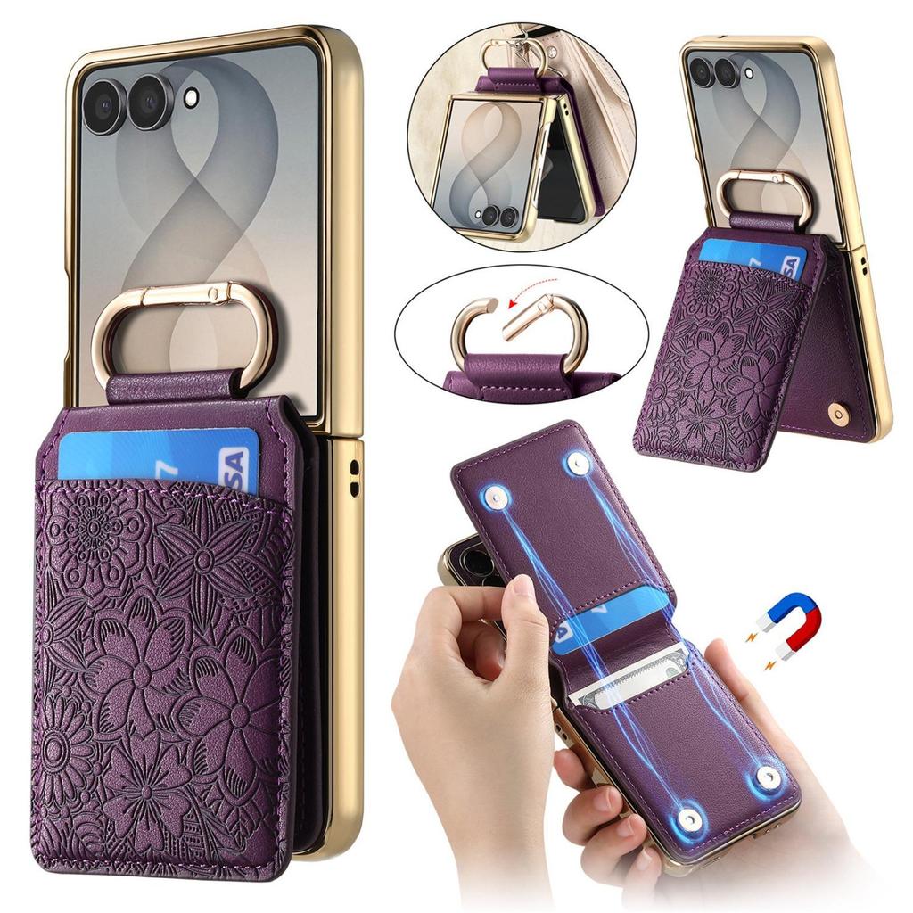 Capa Tipo Carteira De Couro Com Relevo Floral Para Samsung Galaxy Z Flip 8 7 6 5