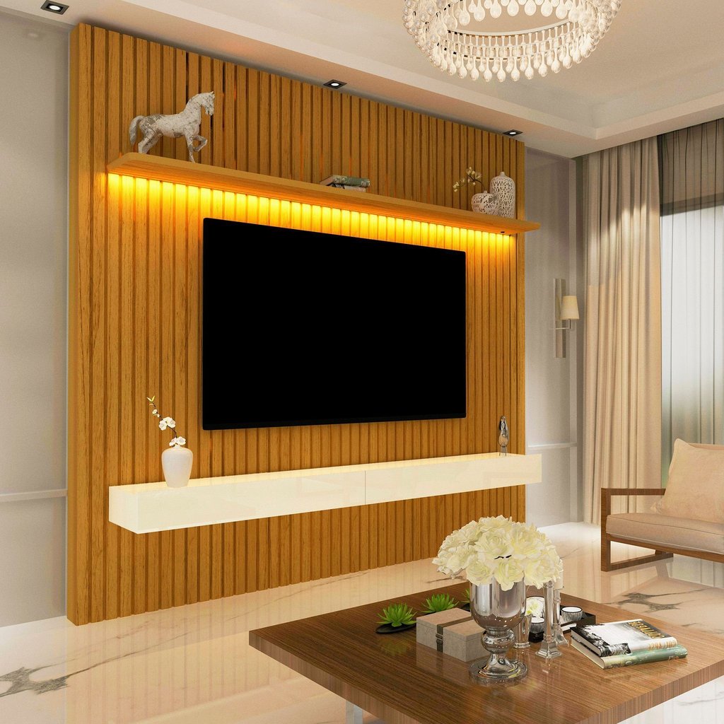 Rack com Painel para TV até 75 Polegadas 100% MDF Ripado com LED e 2 Gavetas 250CMX184CM Nobre Marrom Naturale/Off