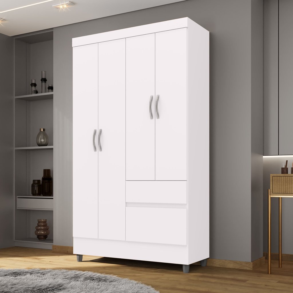 Guarda-Roupa Solteiro 4 Portas 2 Gavetas Panama Branco Branco