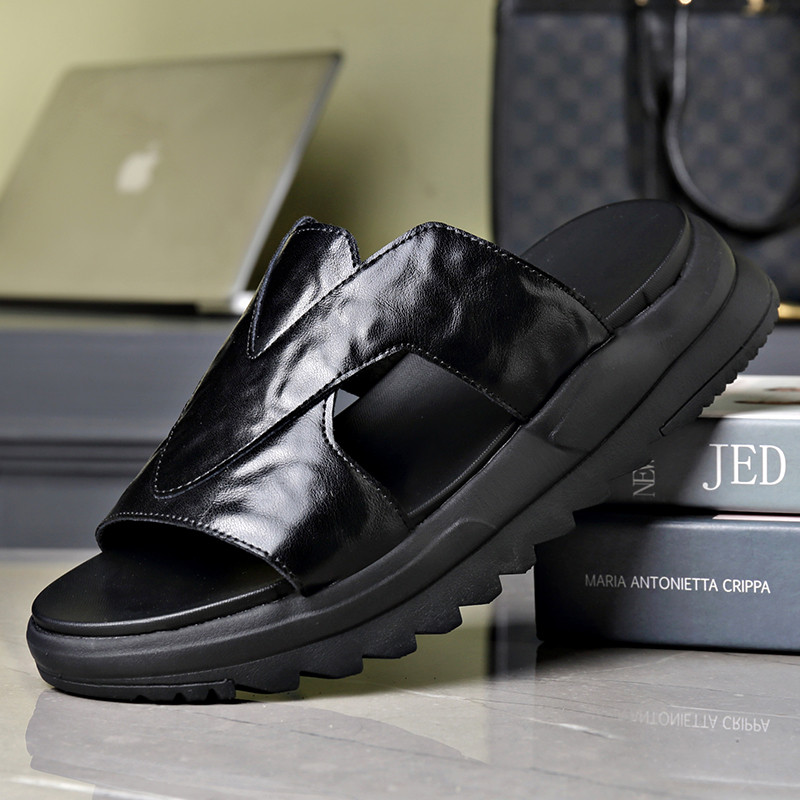 Chinelos masculinos verão moda tendência exterior usar sola grossa aumentada sapatos de praia casuais couro genuíno sola