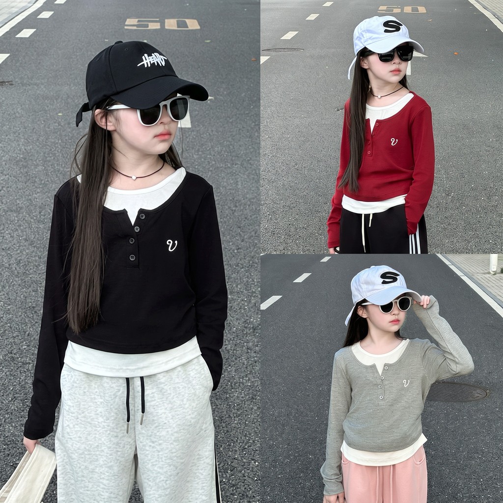 Meninas de manga comprida camiseta primavera outono 2026 novo estilo crianças estilo ocidental falso de duas peças verme