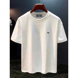 Verão tecido de gelo simples bordado branco manga curta camiseta masculina solta Casual All-Match meio-