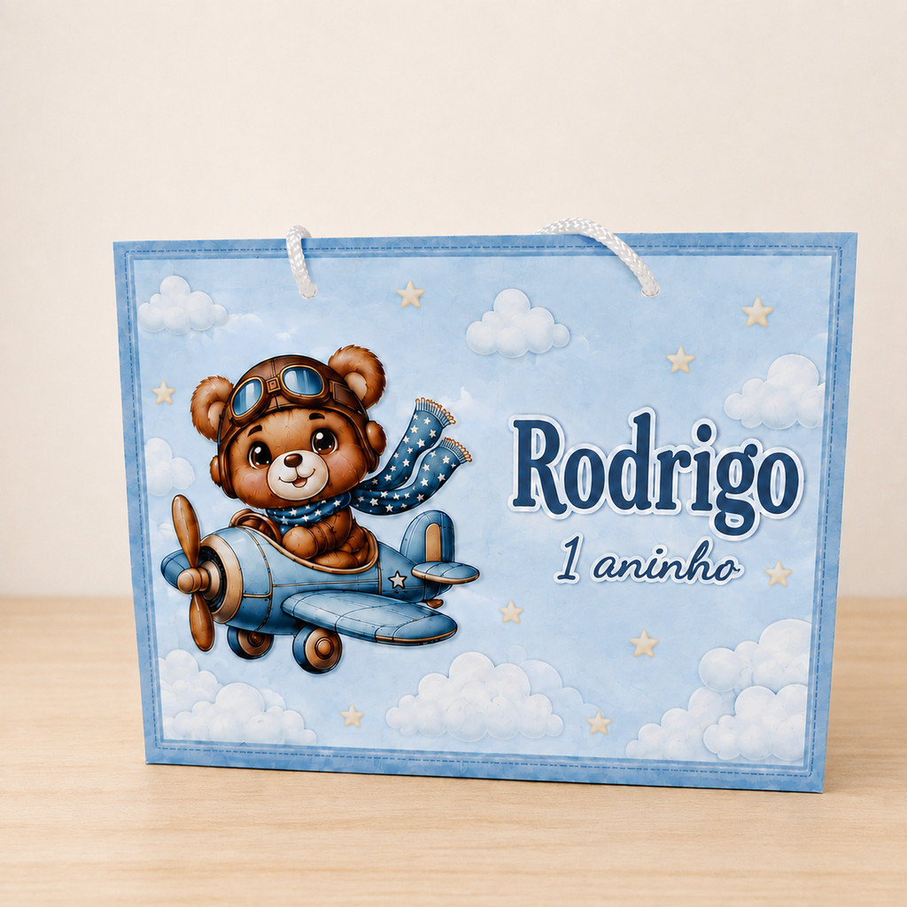 Sacolinha(M) URSINHO AVIADOR personalizada - lembrancinha de festa - aniversário - sacolinha surpresa rapunzel