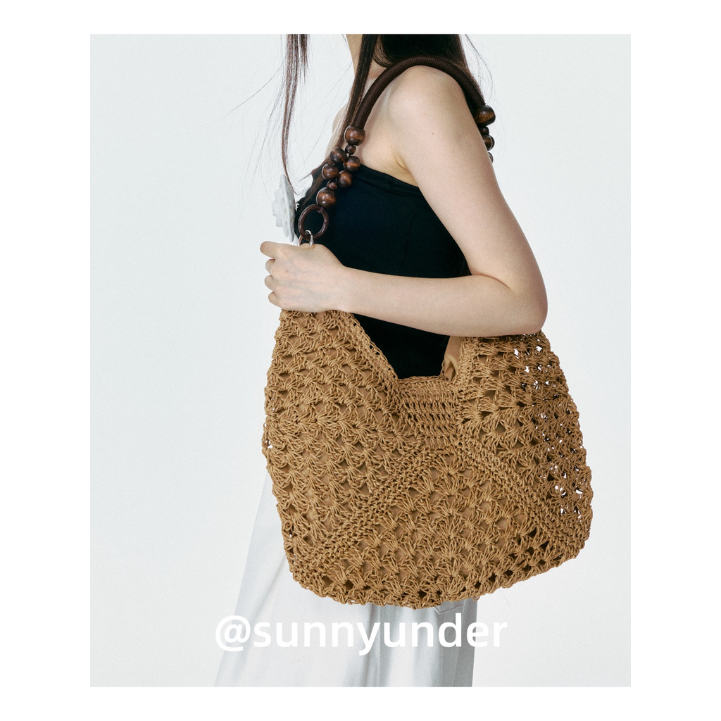 Estilo étnico contas de madeira portátil tecido grande saco feminino oco artesanal crochê sacola praia viagem Commuter b