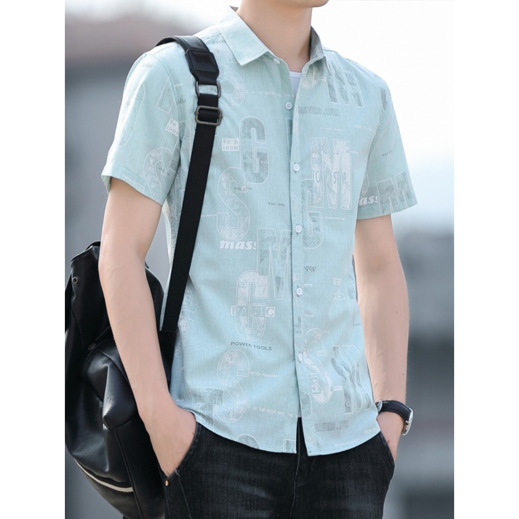 Camisa estampada de manga curta masculina verão estilo fino rufião bonito camisa Casual jovens meninos Street Wear lapel