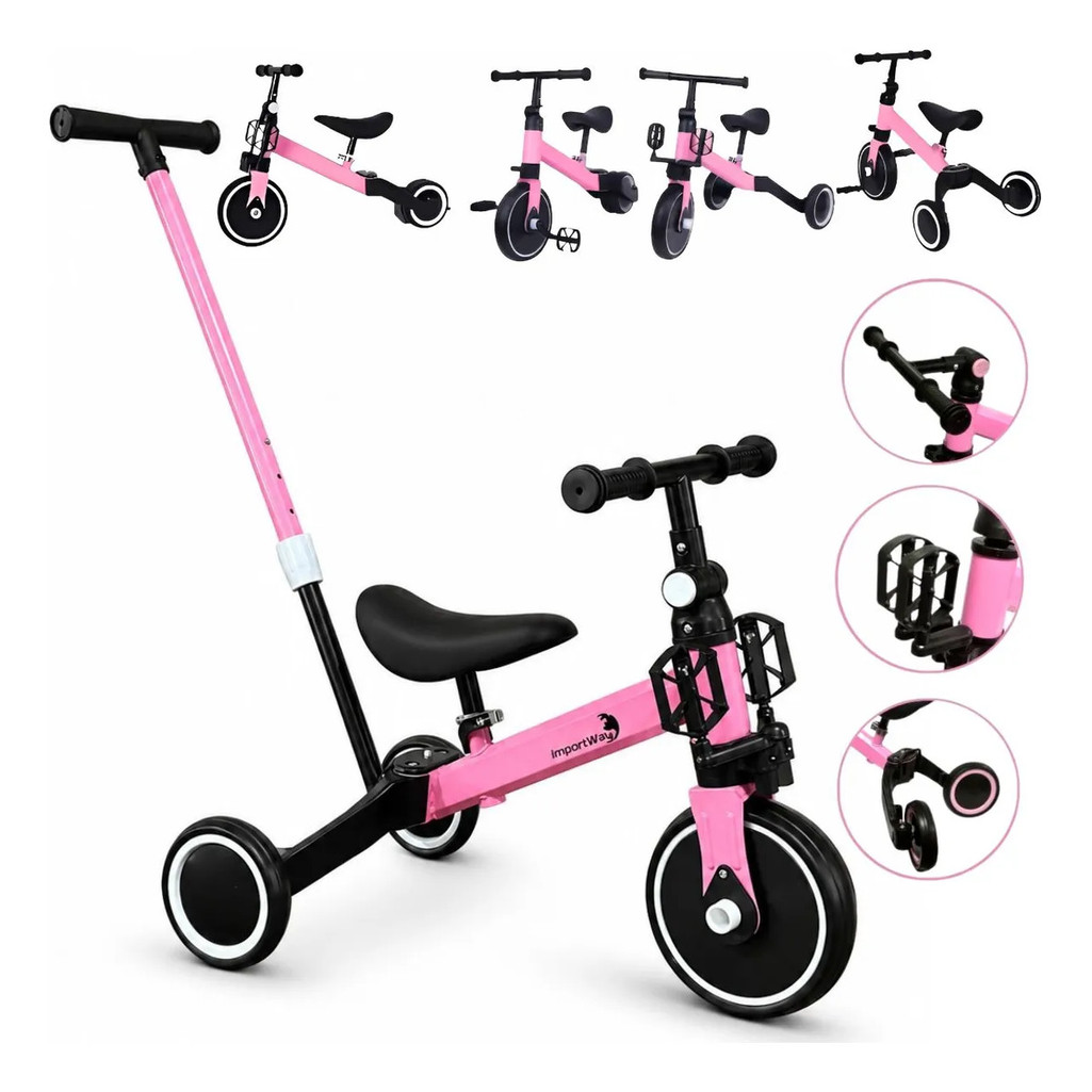 Bicicleta Equilíbrio 5 Em 1 Balance Triciclo Empurrador Rosa