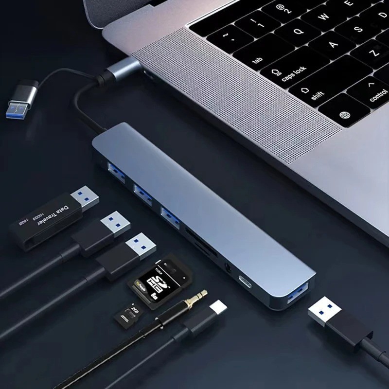 Hub USB-C 8 em 1 Multifuncional com USB 3.0, USB 2.0, Leitor SD/TF e Áudio 3.5mm para Notebook e PC