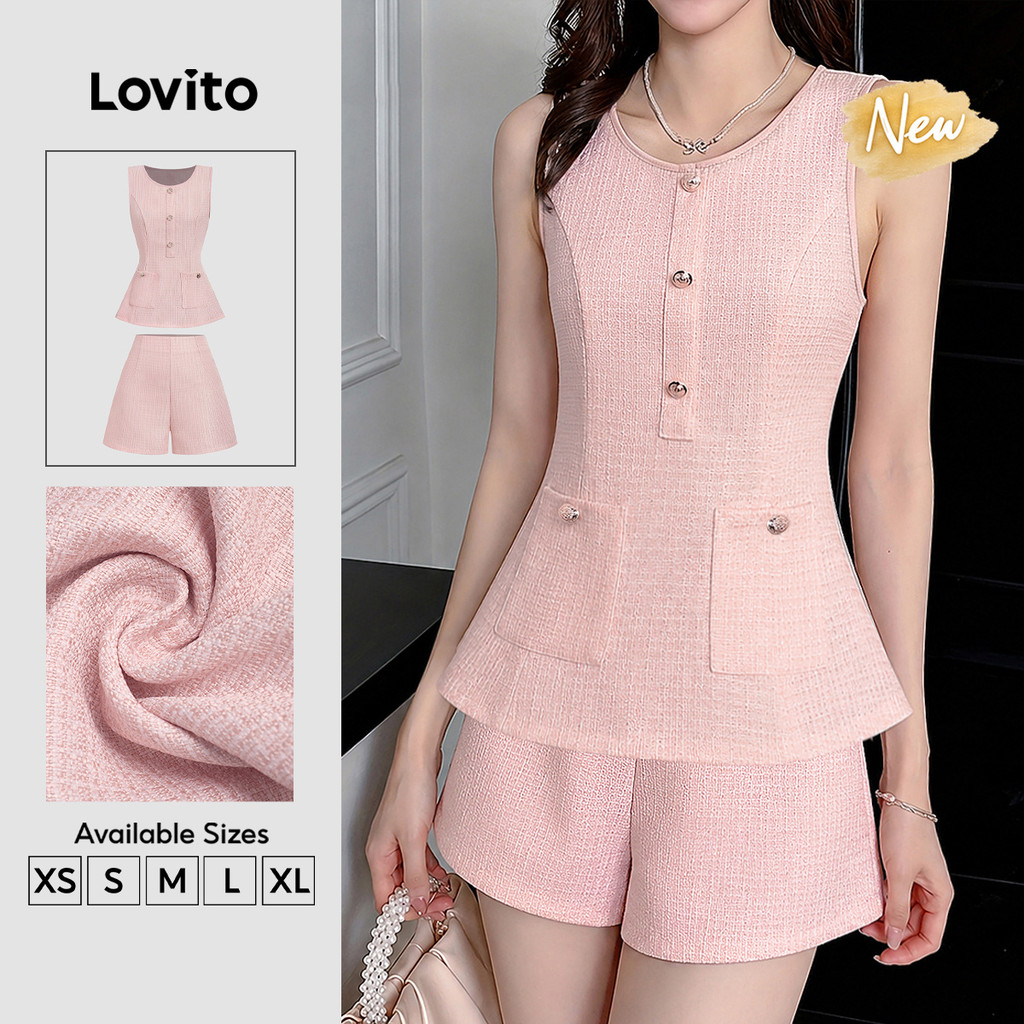 (New Arrival) Lovito Elegante blusas ou partes de baixo com botão de bolso e zíper rosa primavera/verão SHB199P2D577