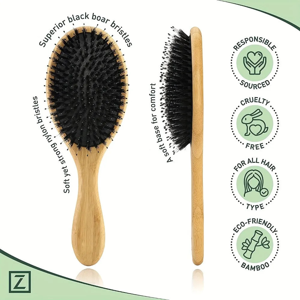 Escova de cerdas naturais de javali, cabo de bambu, pente antiestático, usada para massagem do couro cabeludo e circulaç