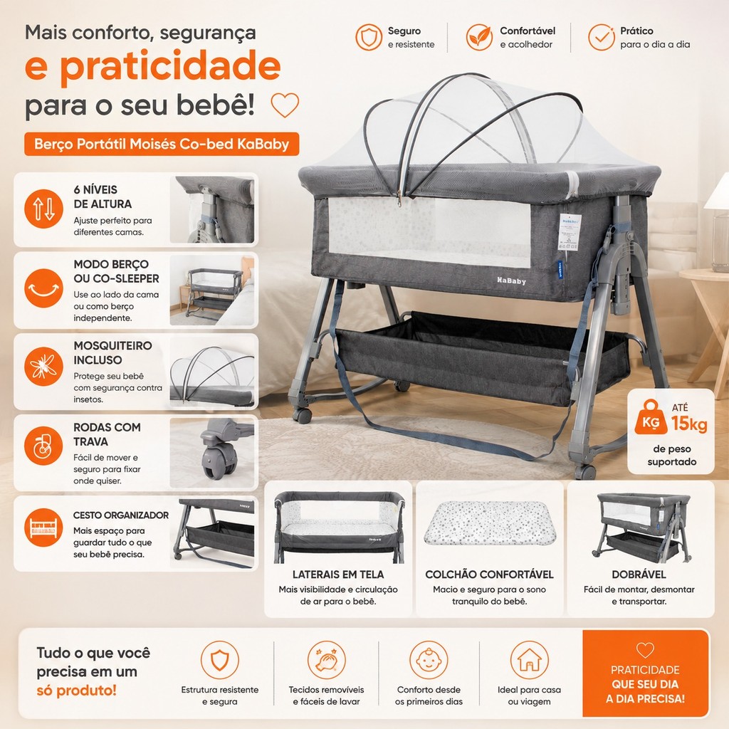 Berço Portátil Moises Co-bed Com Balanço Mosquiteiro e Cesto Cinza - Kababy