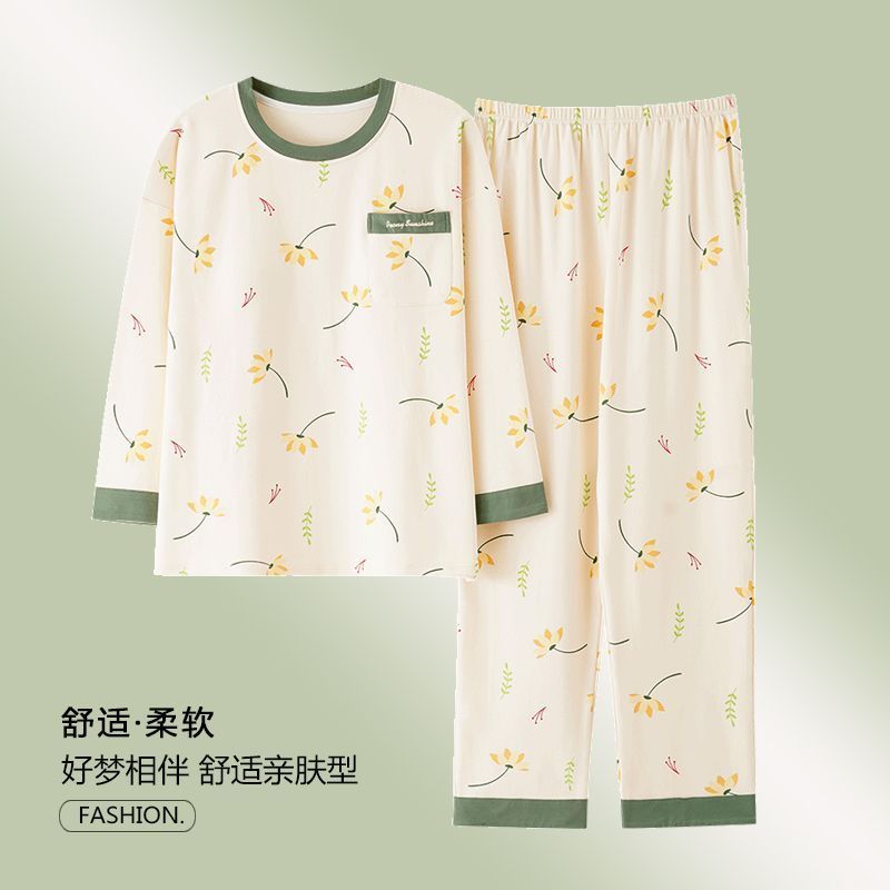 Pijamas de algodão feminino primavera outono pulôver de manga comprida solto tamanho grande solto pode usar fora terno H