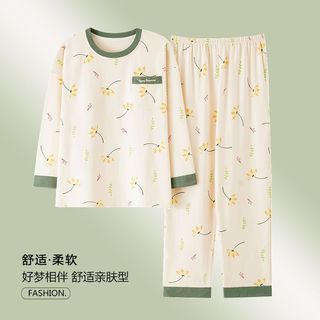 Pijamas de algodão feminino primavera outono pulôver de manga comprida solto tamanho grande solto pode usar fora terno H