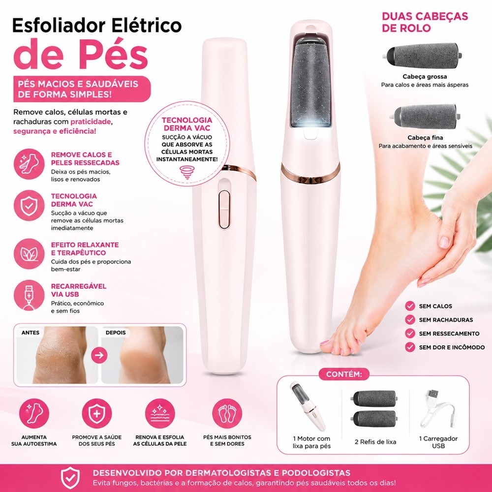 Lixador de Pé Elétrico - Esfoliador Tira Calos Pedicure Portátil