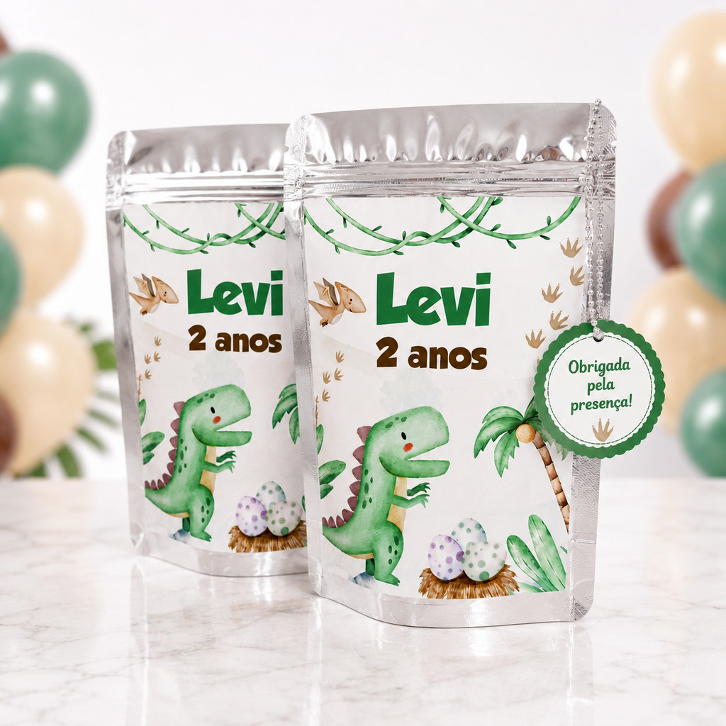 Saquinho Metalizado Personalizados Dinossauro aquarela - Lembrancinhas de festa infantil/Aniversário - LEIA A DESCRIÇÃO