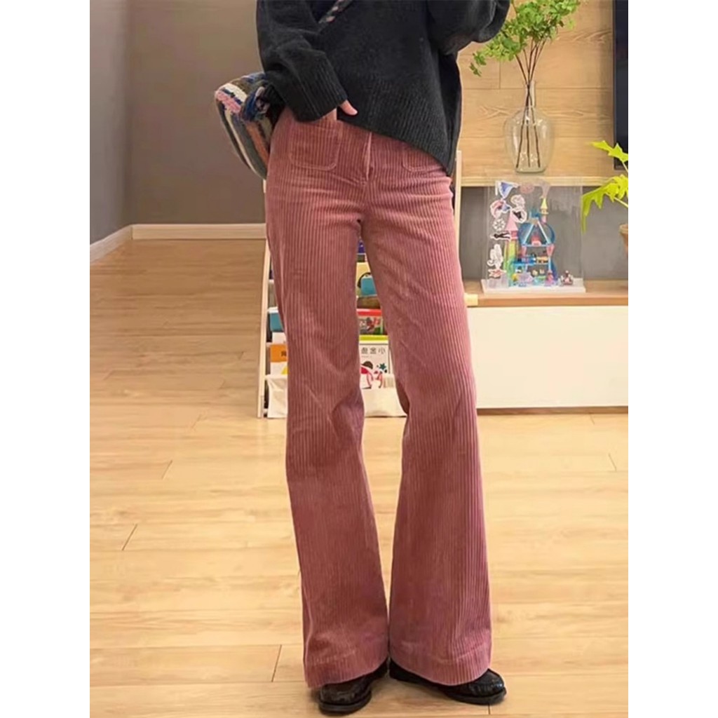 Estilo Meradian rosa veludo Micro-velo calças femininas outono inverno cintura alta calças retas pequeno mais magro olha