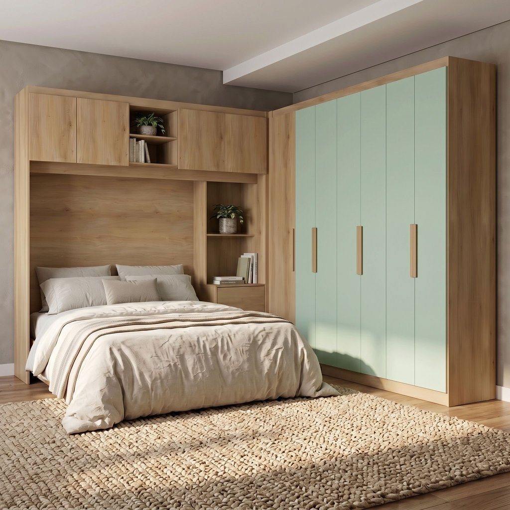Guarda Roupa Casal Modulado de Canto 6 Portas com Cabeceira Milan Yescasa Capuccino/Verde Menta Capuccino/Menta