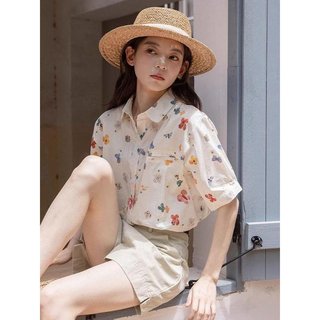 Retro Floral camisa de manga curta feminina 2025 verão novo estilo Design nicho solto mais magro olhar Casual lenço supe
