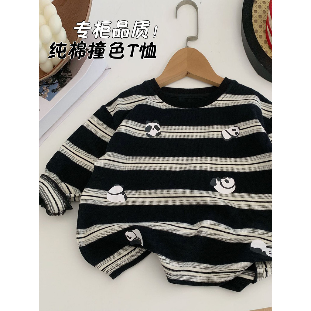 Crianças roupas meninos de manga comprida listrado camiseta dos desenhos animados Panda menino bebê primavera outono nov