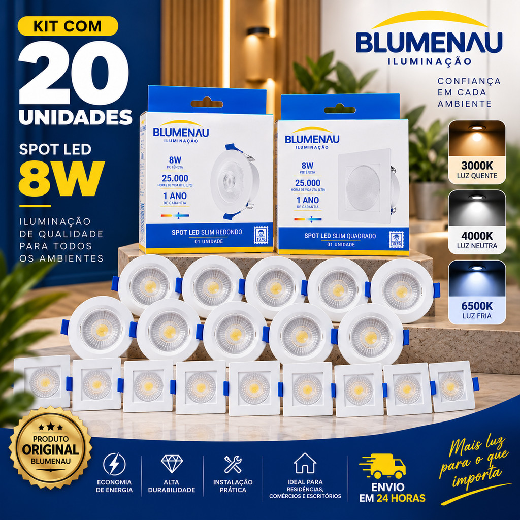 Kit 20 /10 Spot Led Branco BLUMENAU 8W Embutir Redondo / Quadrado Teto Bivolt Blumenau gesso Dryall Sanca Iluminaçao