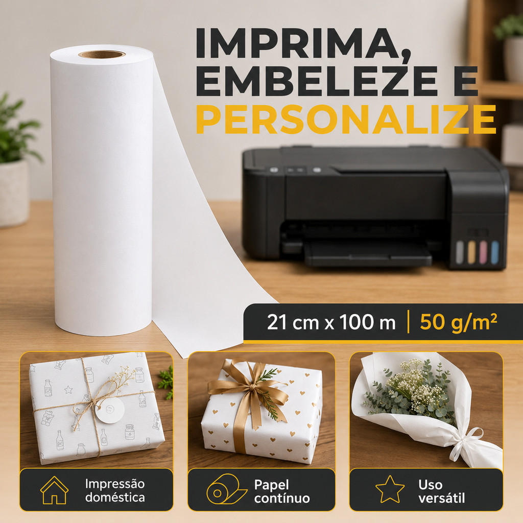 Bobina Papel Seda Monolúcido Branco 50g 21cm x 100m para Embalagens e Artesanato Impressão A4