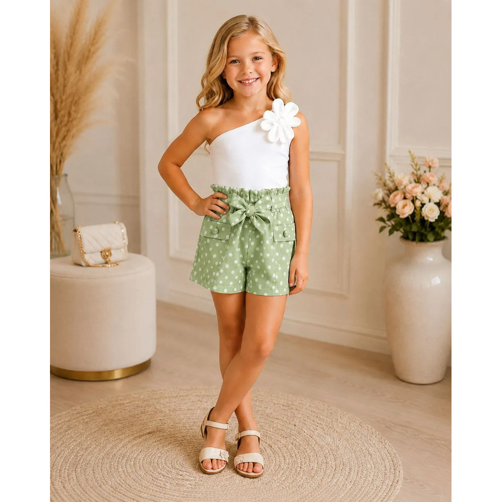 Conjunto feminino Infantil Blusa Flor Shorts Poá Blogueirinha Luxo meninas shorts infantil menina poá bolinhas — imagem 2 de 2