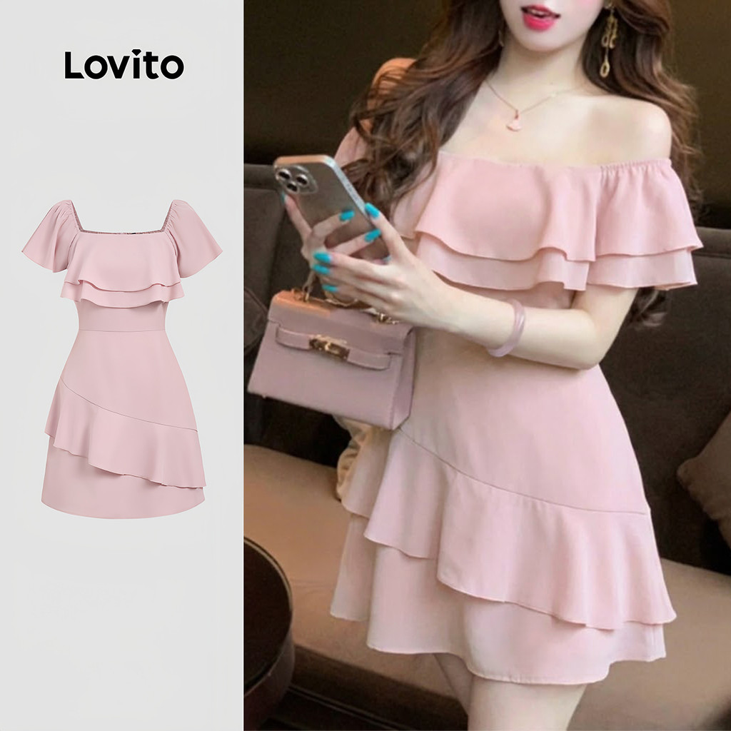 Lovito Vestido Casual Rosa Plissado para mulheres DRB198P1D422