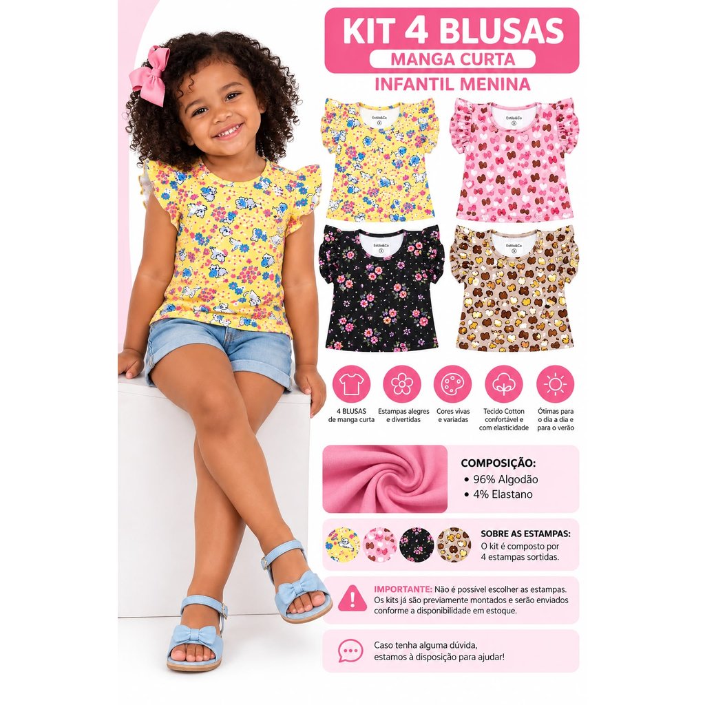 Kit 4 Blusas Camiseta Infantil Menina Manga Fru-fru Estampas Sortidas Cotton