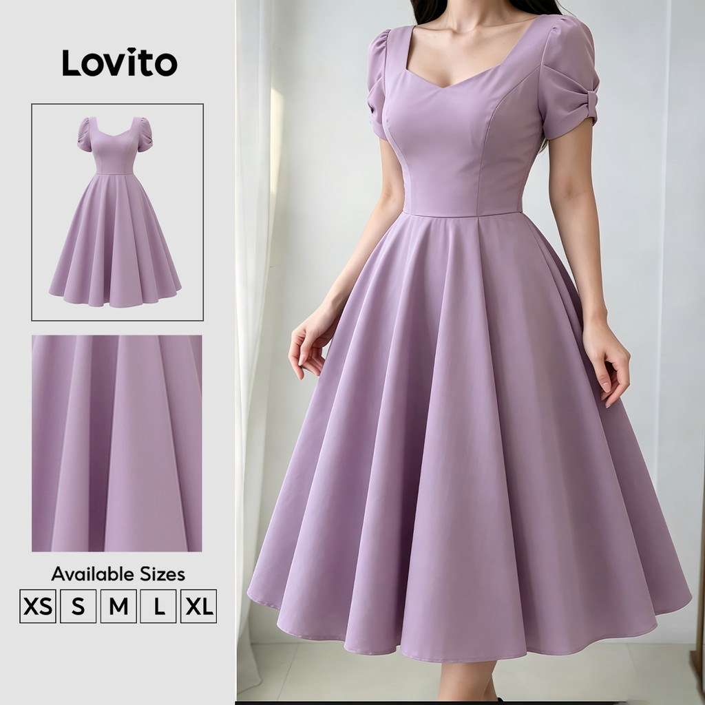 Lovito Lilás Vestido Elegante com Laço Zíper Vestido Roxo Primavera/verão para mulheres LK6EDD158