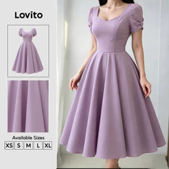 Lovito Lilás Vestido Elegante com Laço Zíper Vestido Roxo Primavera/verão para mulheres LK6EDD158