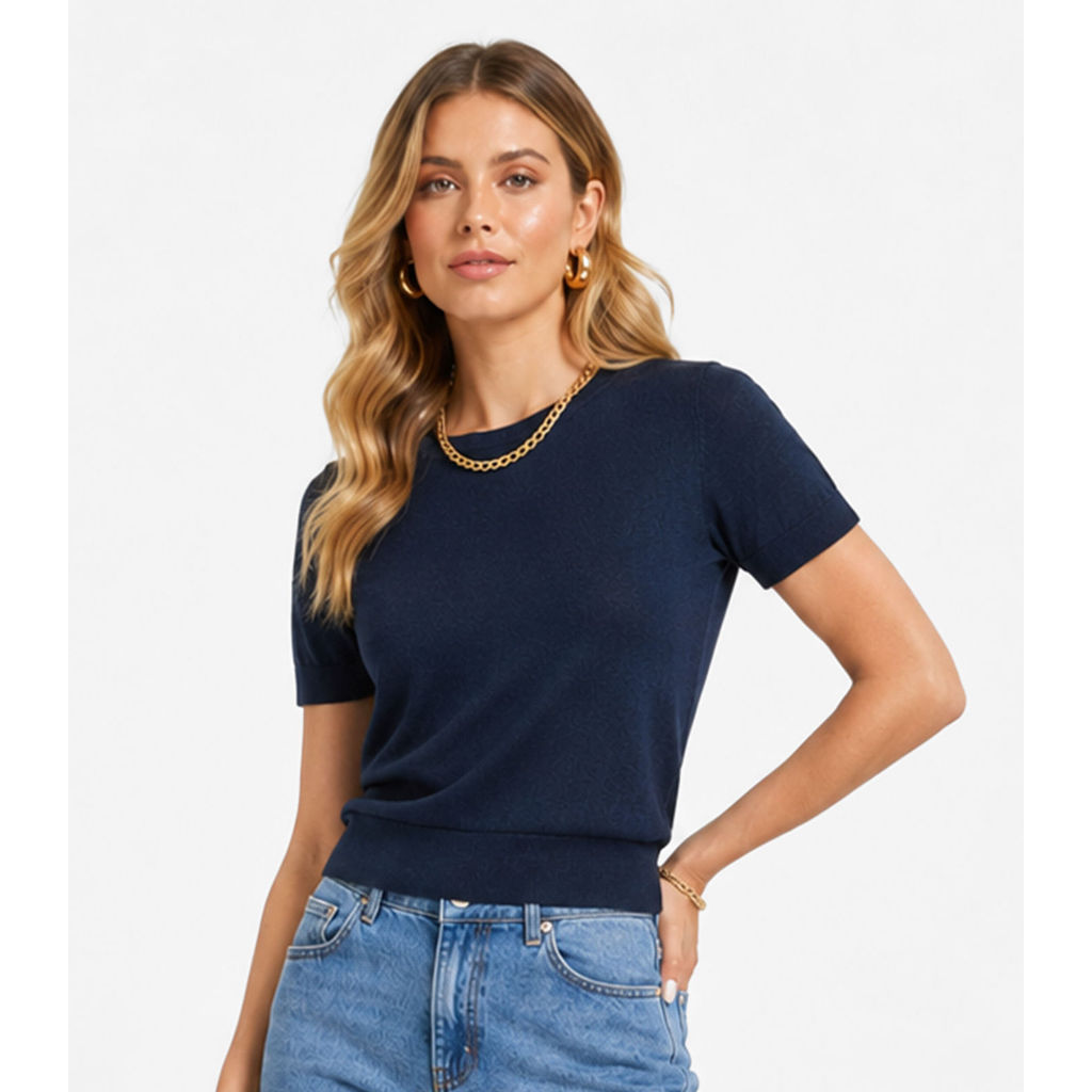 Blusa Feminina Manga Curta Em Tricot Infinita Cor Azul