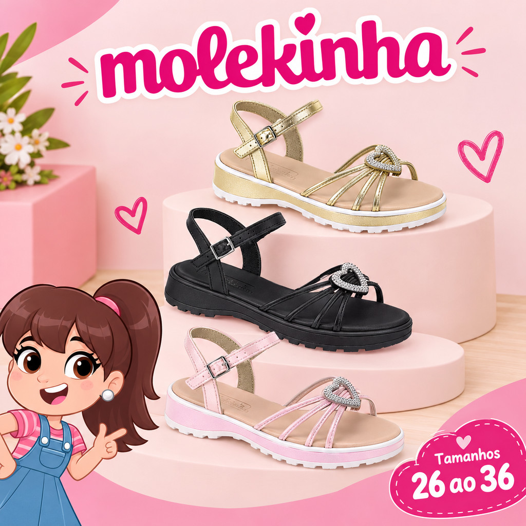 Sandália Infantil Menina Molekinha Coração de Strass Brilho