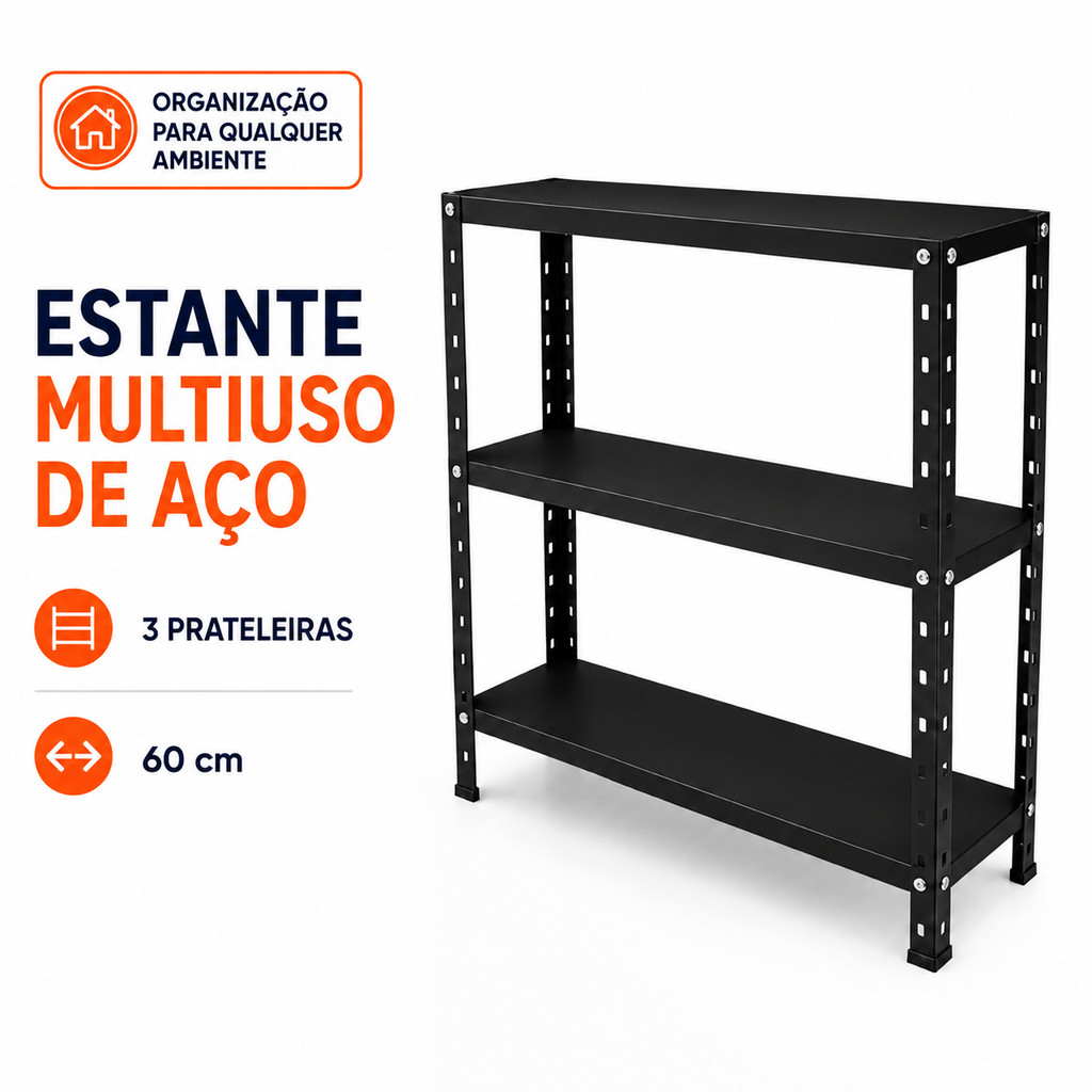 Estante de Aço Multiuso 60cm com 3 Prateleiras Organizadora Resistente para Cozinha Lavanderia Escritório