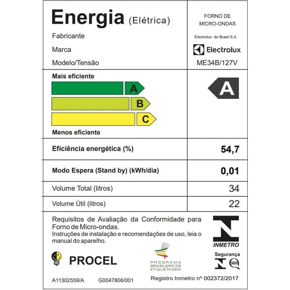 Micro-ondas Electrolux Efficient 34L Branco Função Descongelar e Receitas Pré-Programadas (ME34B) — imagem 2 de 2