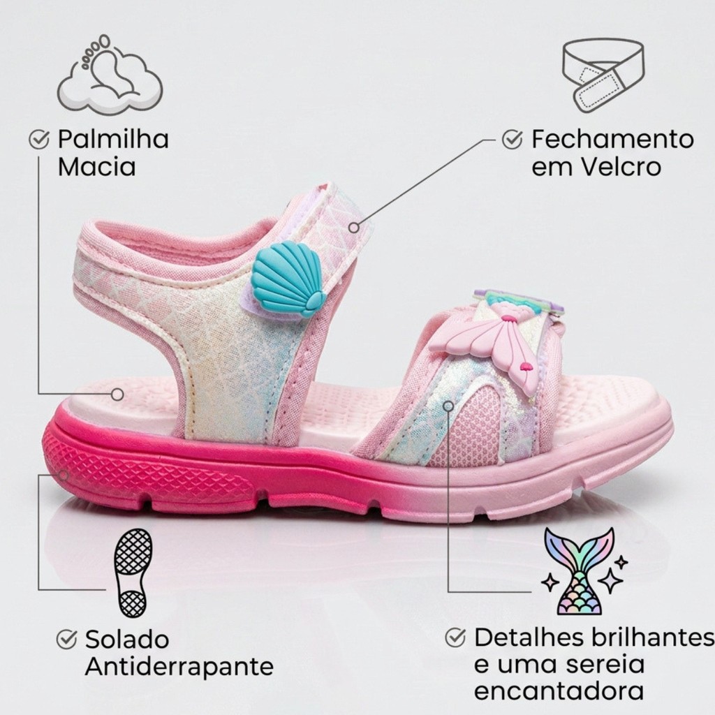 Papete Sandália Infantil Feminina Sereia Menina Brilho Confortável Macia Antiderrapante Leve Macia — imagem 2 de 2