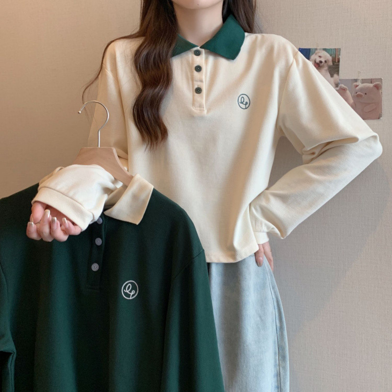 Blusa Polo Com Gola Feminina Estilo Coreano Elegante Manga Comprida Casual Moda Camisa Top