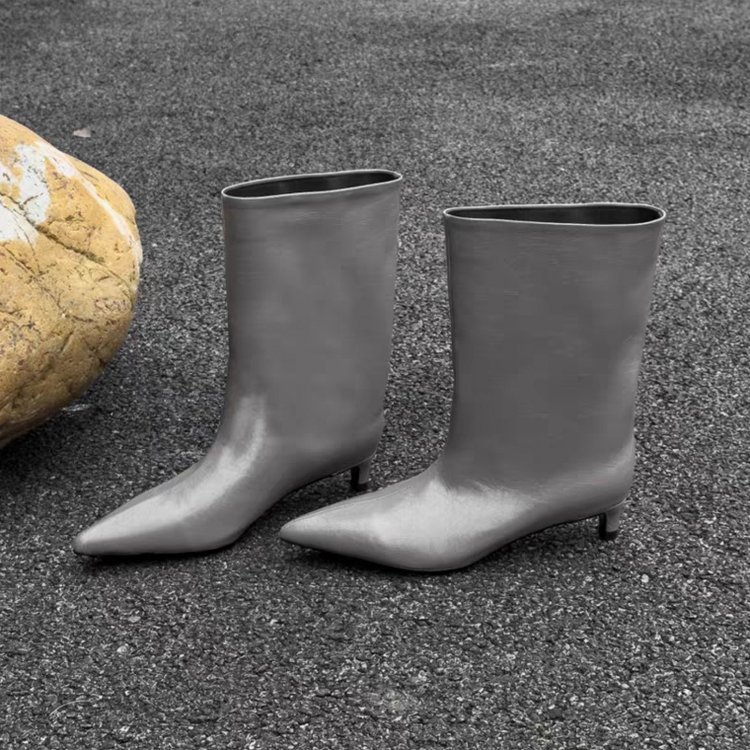 Botas femininas de cano médio, bico fino, tubo largo fosco, botas femininas de salto baixo, botas curtas femininas 42 43